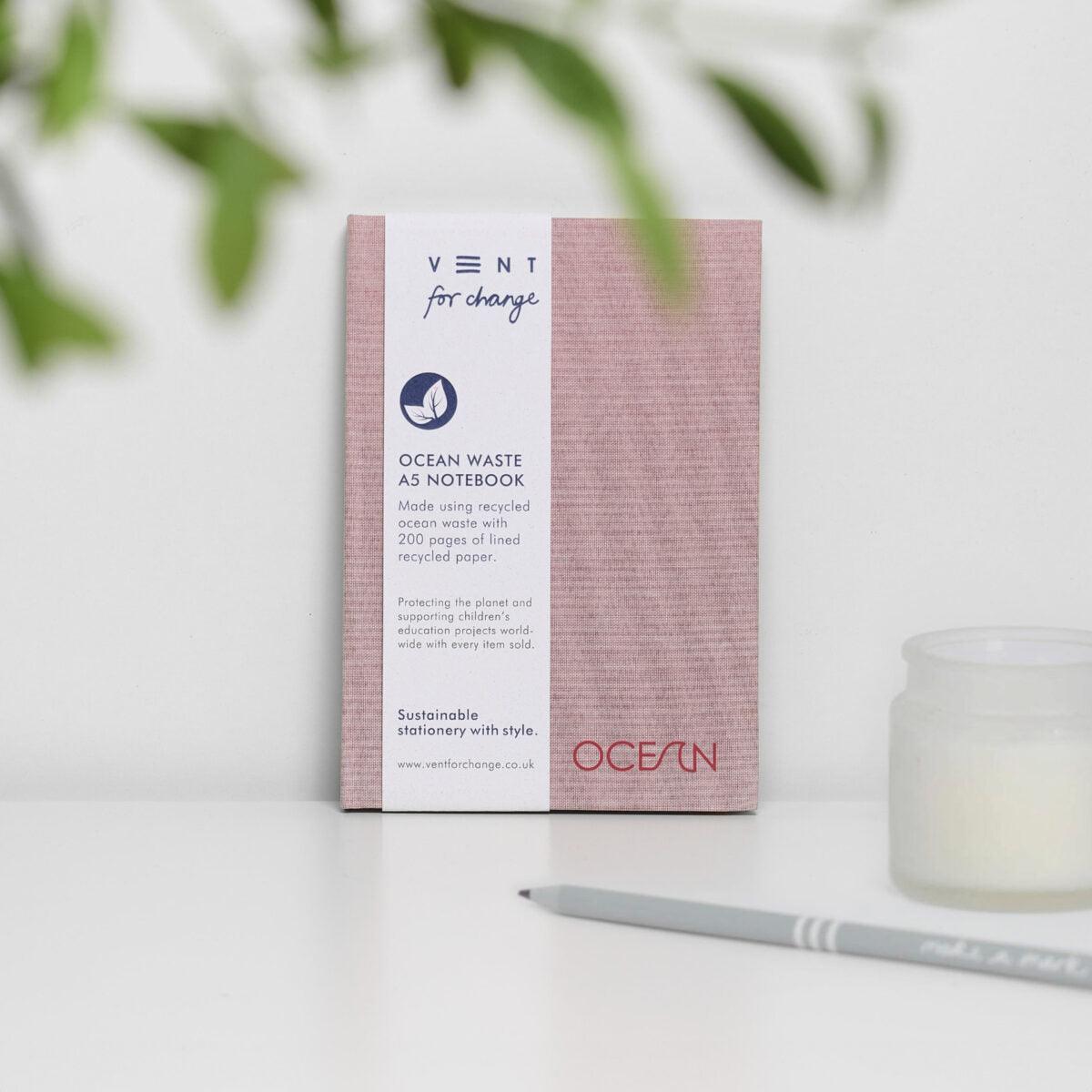 Notebook A5 Recycled Ocean Plastic Waste in Coral Pink - add to your gift box at Out of the Box Gifts