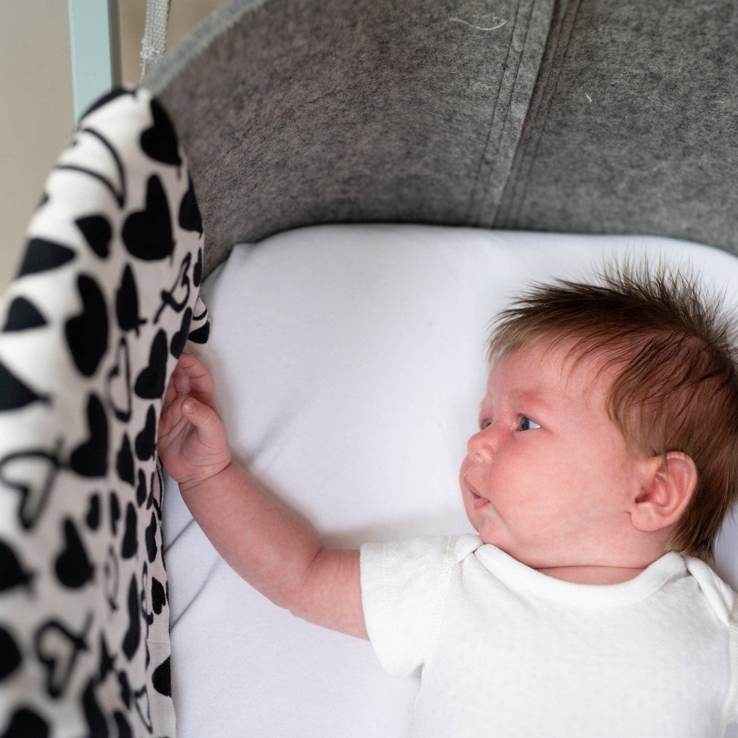 Love Heart Single Sensory Muslin - Designed for 0 - 4 month old babies - add to your gift box at Out of the Box Gifts