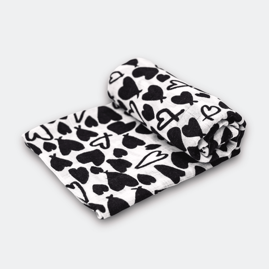 Love Heart Single Sensory Muslin - Designed for 0 - 4 month old babies - add to your gift box at Out of the Box Gifts