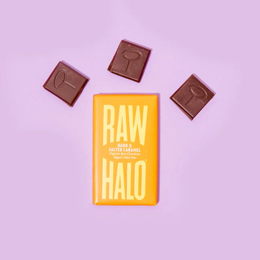 Raw Halo Dark & Salted Caramel Organic Vegan Chocolate - add to your gift box at Out of the Box Gifts