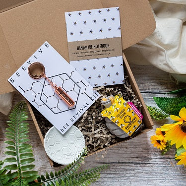 Gift For Bee Lovers - Gift Box with bee revival kit, bee notebook, bee friendly seeds and a bee trinkey dish