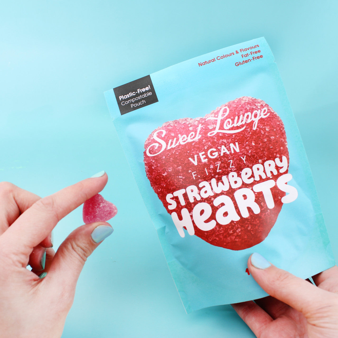 Vegan, Plastic Free Heart Shaped Sweets. Compostable Packaging, Delicious Natural Flavours, Fat Free, Gluten Free. Buy at Out of the Box Gifts