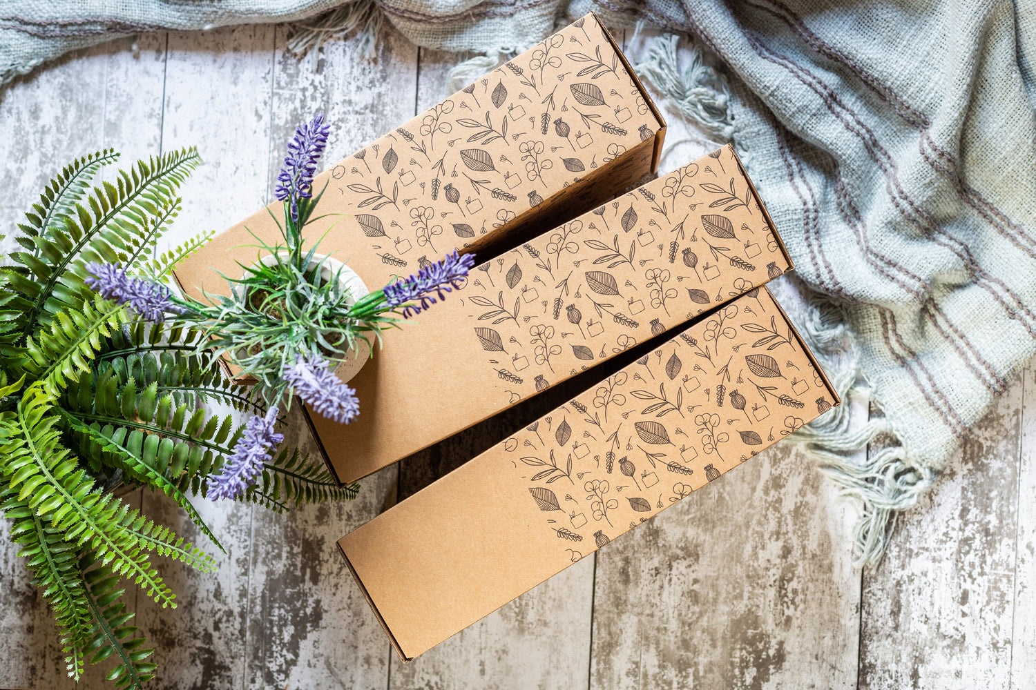 Sustainable Corporate Gifts UK - Three Sustainable Gift Boxes with botanical design